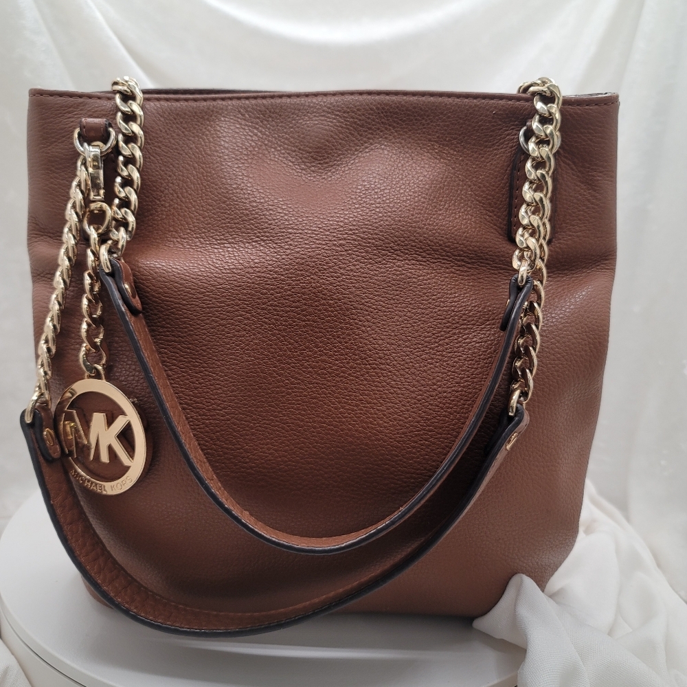 Michael Kors Jet Set Brown Leather Med Size Shoulder Tote Style Bag Purse